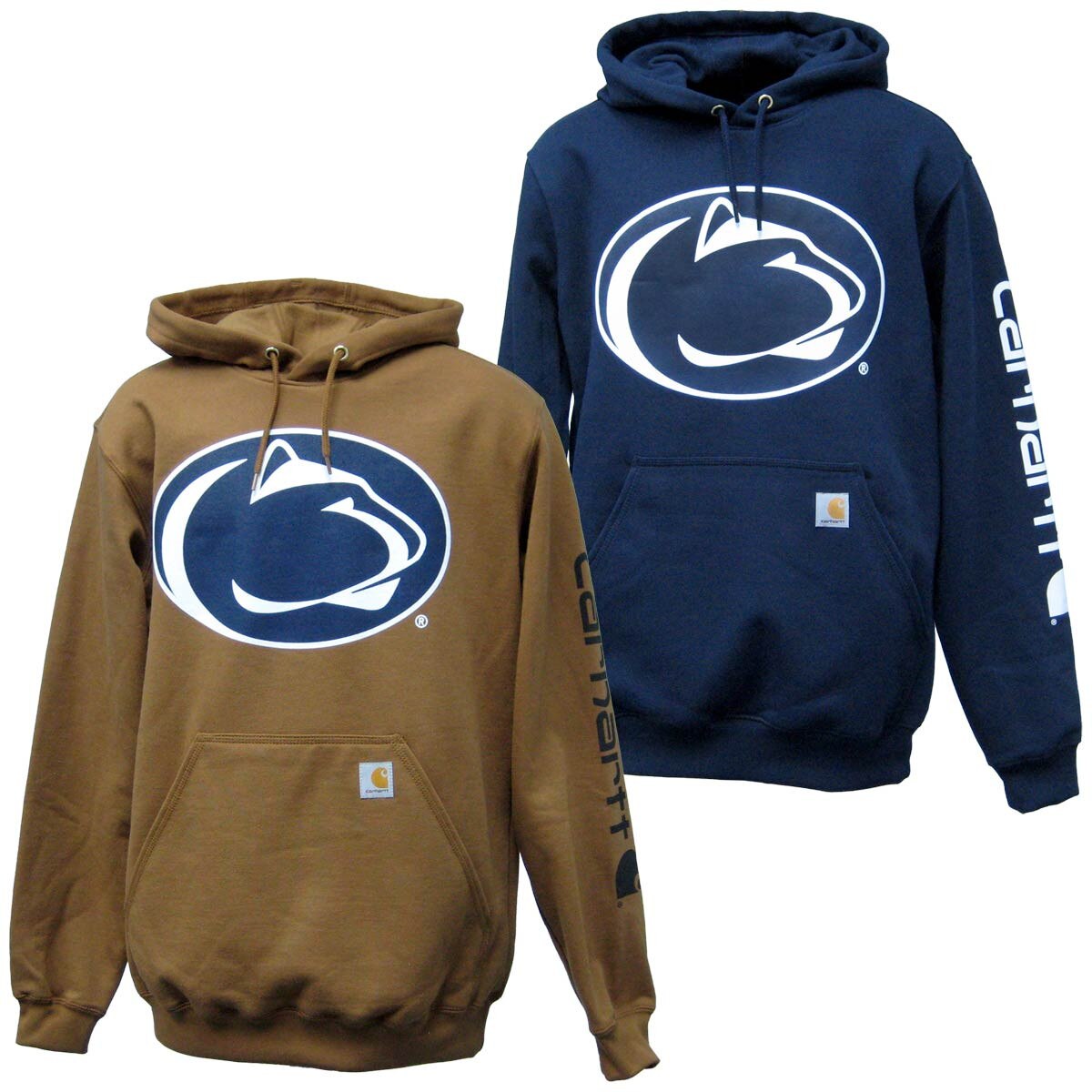 brown and navy hooded Carhartt sweatshirts with Penn State Athletic Logos